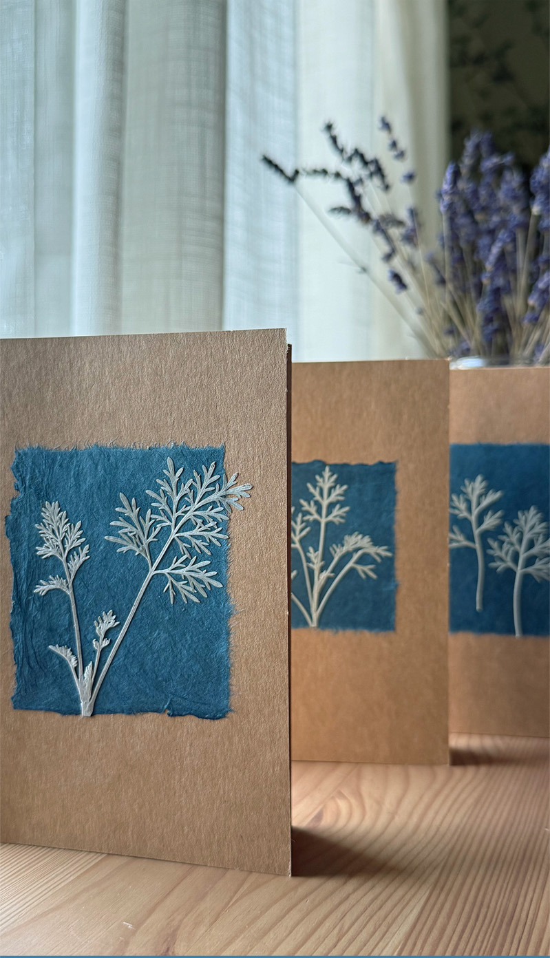 Kraft cards with blue cyanotype fern prints